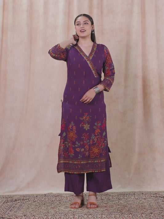 Viscose Placement Print Angrakha Mauve Kurta