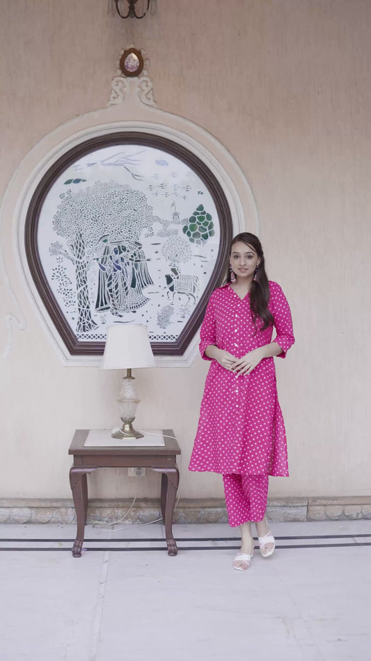 Soft Cotton Bandhani Straight Pink Kurta