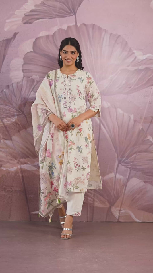 Embroidered Linen Cotton Floral Beige Straight Kurta