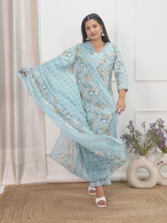 Soft Cotton Floral Straight Blue Kurta