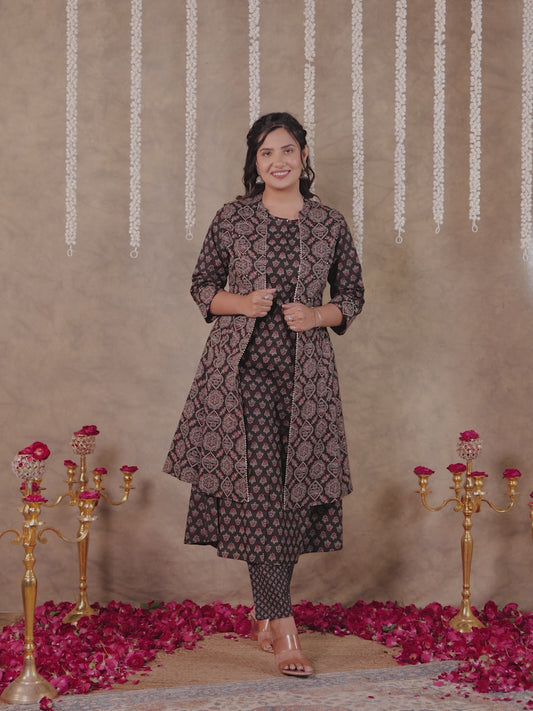 Embroidered Soft Cotton Ajrakh Flared Black Kurta