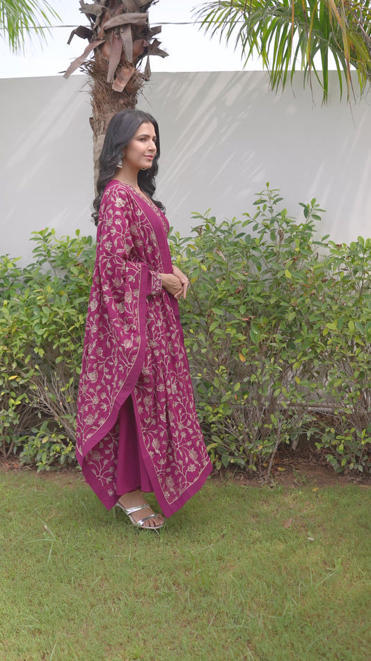 Embroidered Georgette Solid Wine Straight Kurta