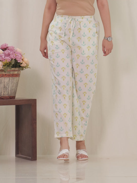 Soft Cotton Ikat Off White Straight Straight Trousers