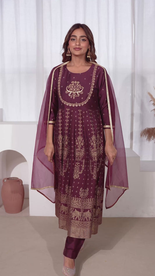 Embroidered Chanderi Gold foil Anarkali Maroon Kurta