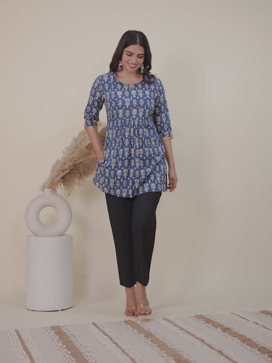 Soft Cotton Floral Straight Blue Kurti