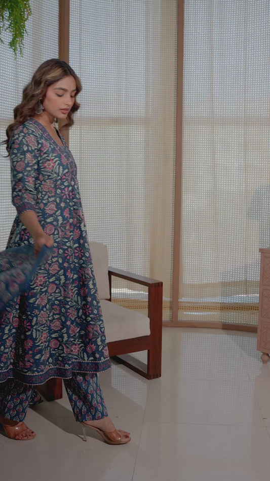 Soft Cotton Floral Anarkali Blue Kurta