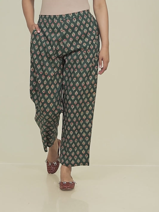 Soft Cotton Floral Green Straight Trousers