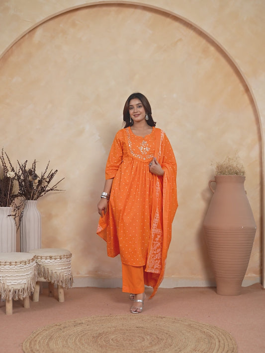 Embroidered Soft Cotton Bandhani Flared Orange Kurta