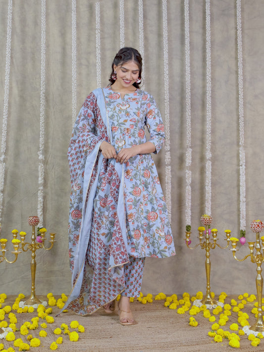 Soft Cotton Floral Flared Blue Kurta