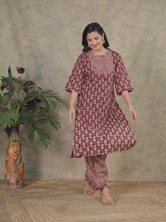 Embroidered Soft Cotton Block Print Straight Maroon Kurta