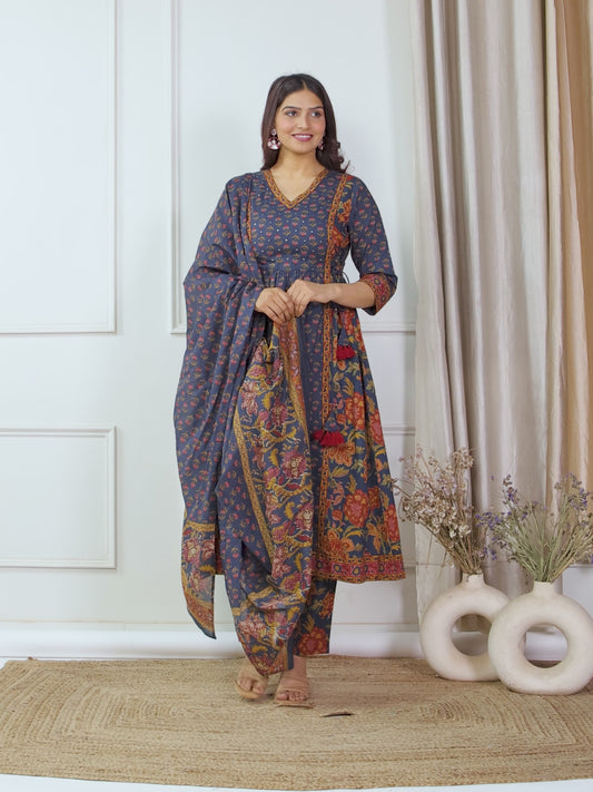 Embroidered Soft Cotton Floral Flared Navy Blue Kurta