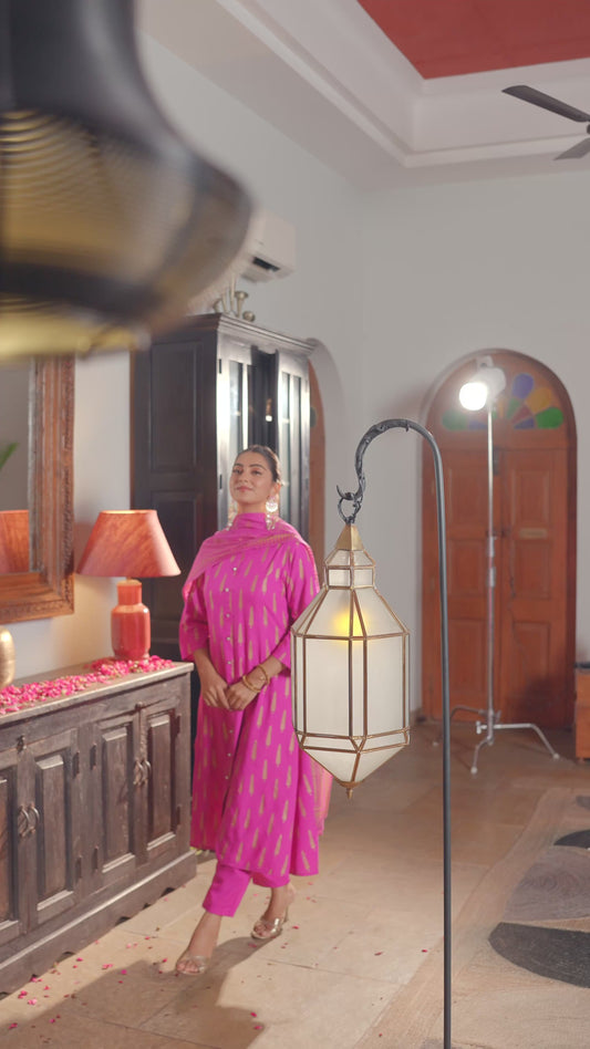 Viscose Gold foil A-line Pink Kurta