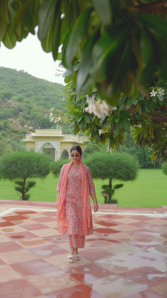 Soft Cotton Geometric A-line Peach Kurta