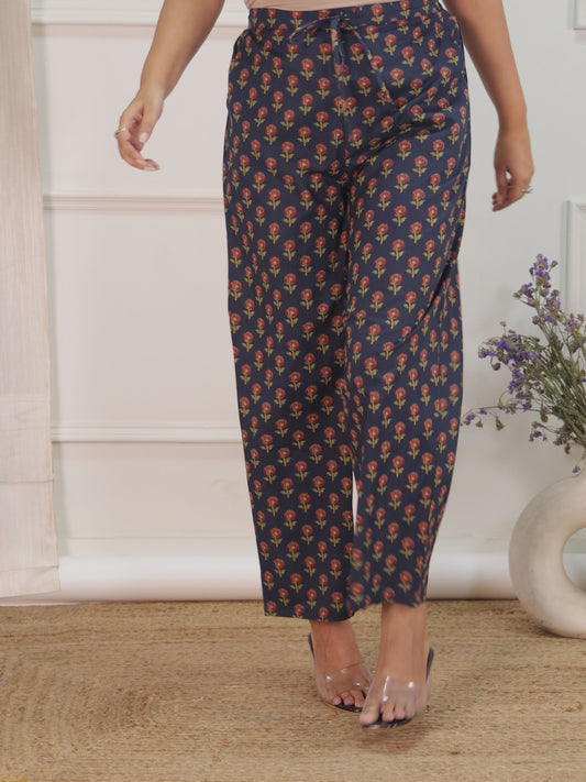Soft Cotton Floral Blue Straight Trousers