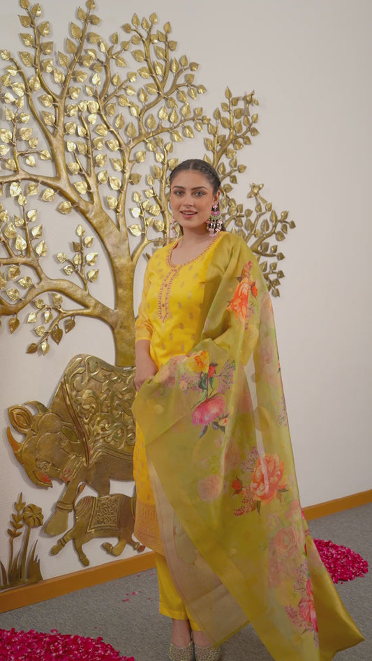 Embroidered Jacquard Solid Yellow Kurta