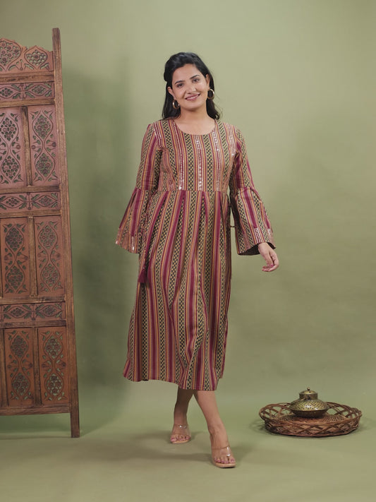 Embroidered Soft Cotton Striped Flared Maroon Dress