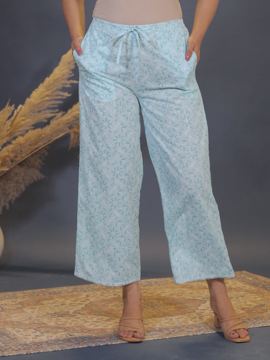 Embroidered Lurex Cotton Floral A-line Turquoise Kurta