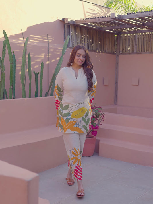 Linen Cotton Foliage Straight Off White Kurta