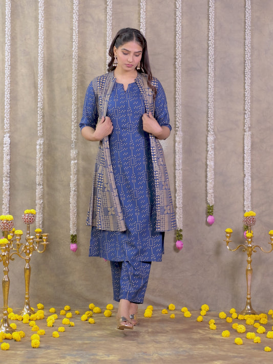 Viscose Gold foil A-line Blue Kurta