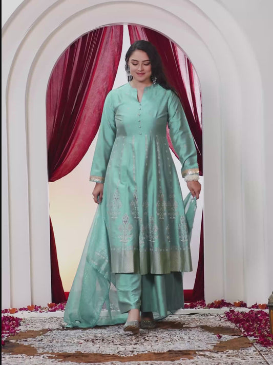 Chanderi Gold foil High Low Turquoise Kurta