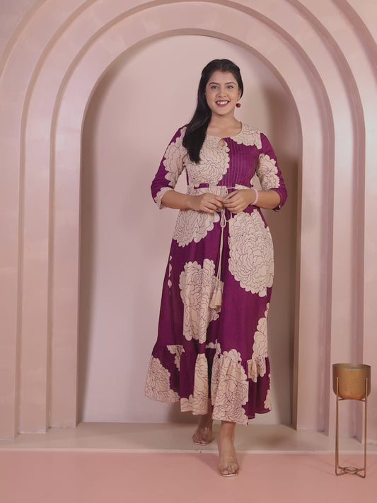 Soft Cotton Floral Tiered Purple Dress (With Belt)