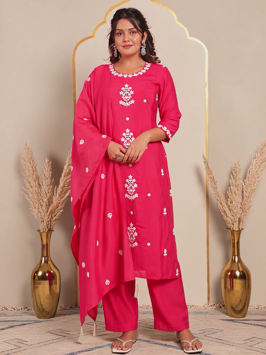 Embroidered Chanderi Solid Straight Fuchsia Kurta