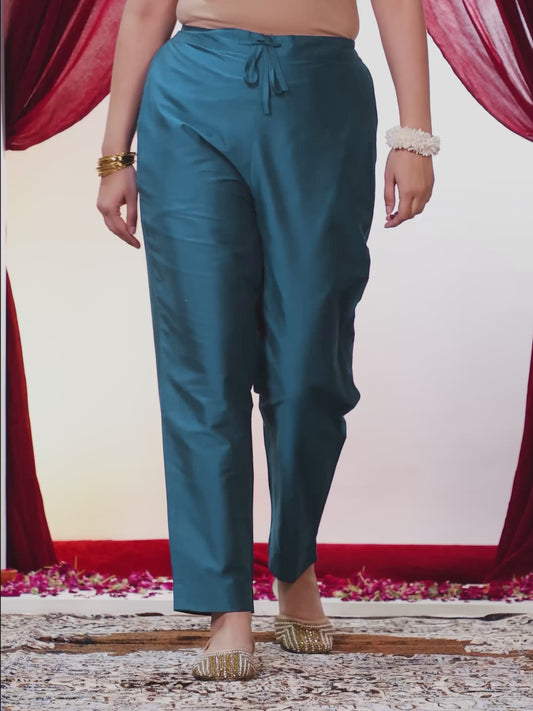 Blended Silk Solid Blue Tapered Trousers