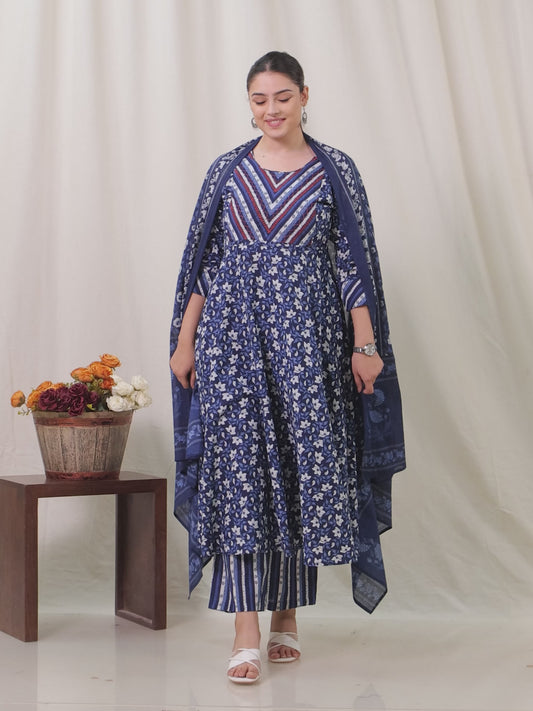 Embroidered Soft Cotton Floral Anarkali Blue Kurta