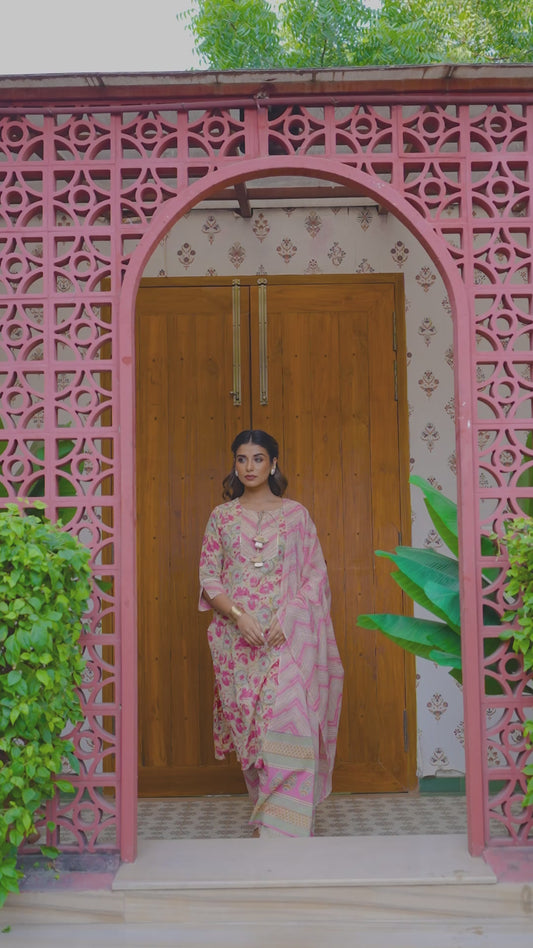 Embroidered Soft Cotton Floral Straight Pink Kurta