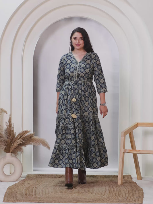 Soft Cotton Geometric Anarkali Blue Dress