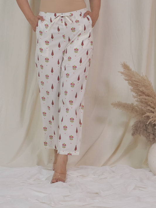 Soft Cotton Floral Off White Straight Trousers