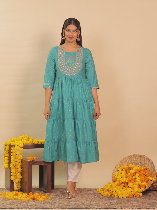 Embroidered Roman silk Gold foil Anarkali Teal Kurta