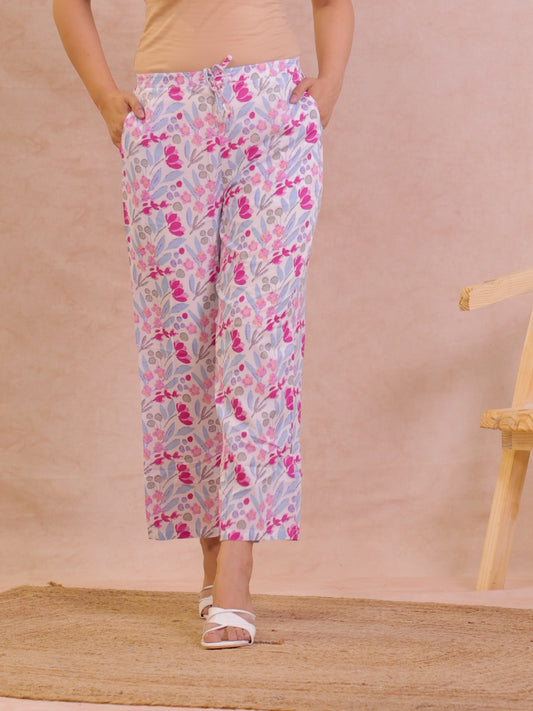 Soft Cotton Floral Pink Straight Trousers