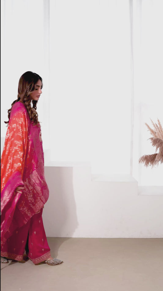 Embroidered Blended Silk Solid Straight Dark Pink Kurta