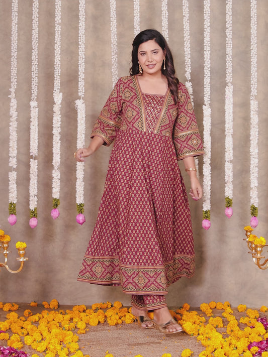Soft Cotton Floral Flared Maroon Kurta