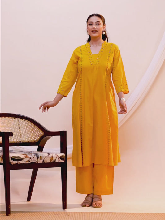 Embroidered Soft cotton Solid Flared Yellow Kurta