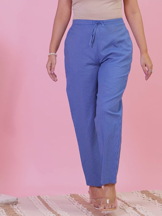 Kantha Cotton Solid Blue Tapered Trousers