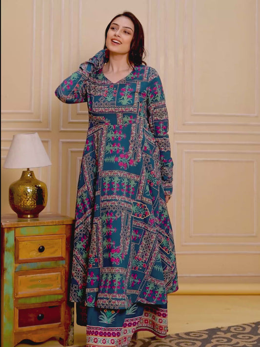 Soft Cotton Floral Anarkali Blue Kurta