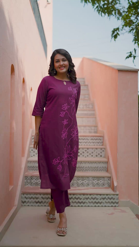 Embroidered Soft Cotton Solid Straight Wine Kurta