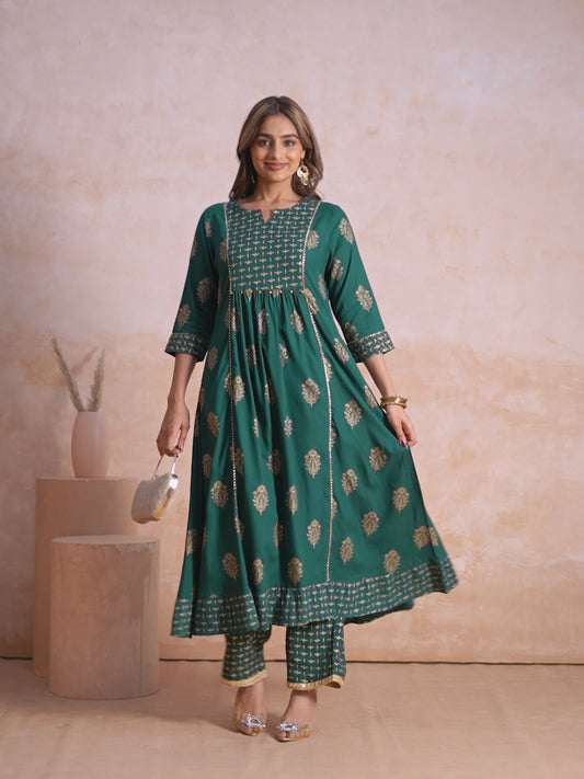 Viscose Block Panelled Green Kurta