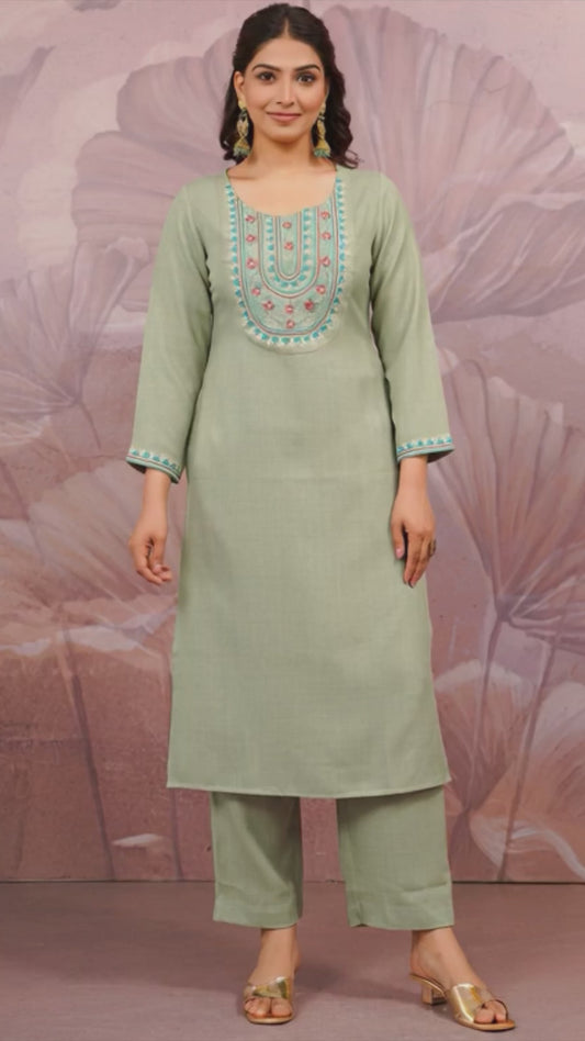 Embroidered Blended Silk Solid Straight Olive Kurta