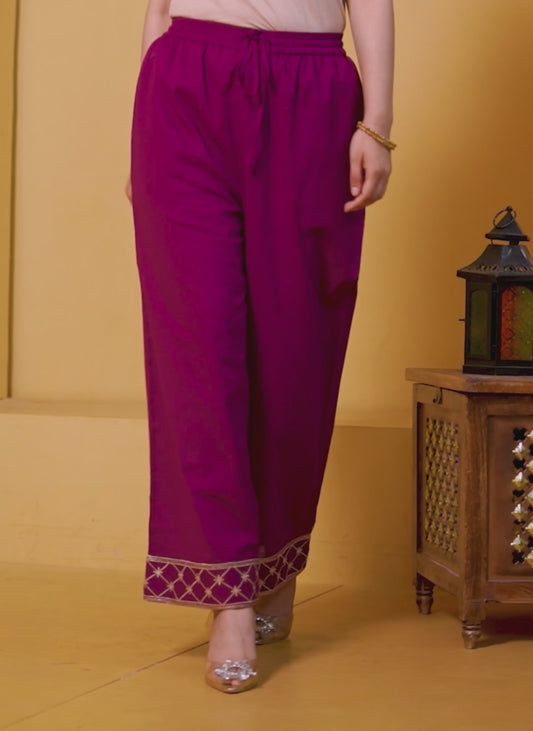 Embroidered Slub cotton Solid Wine Palazzo