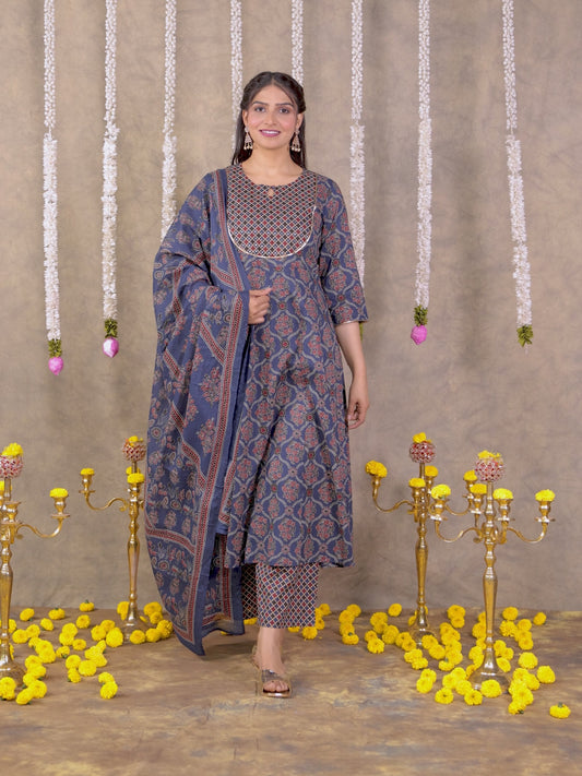 Embroidered Soft Cotton Geometric Anarkali Blue Kurta