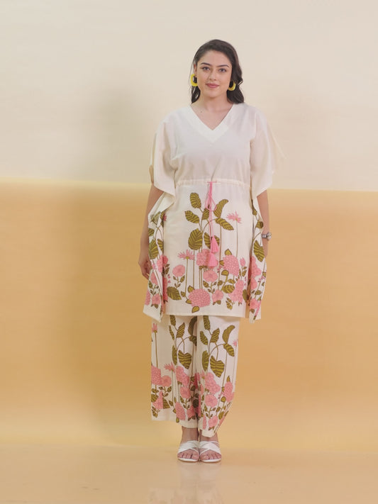 Linen Cotton Placement Print Flared Off White Kaftan