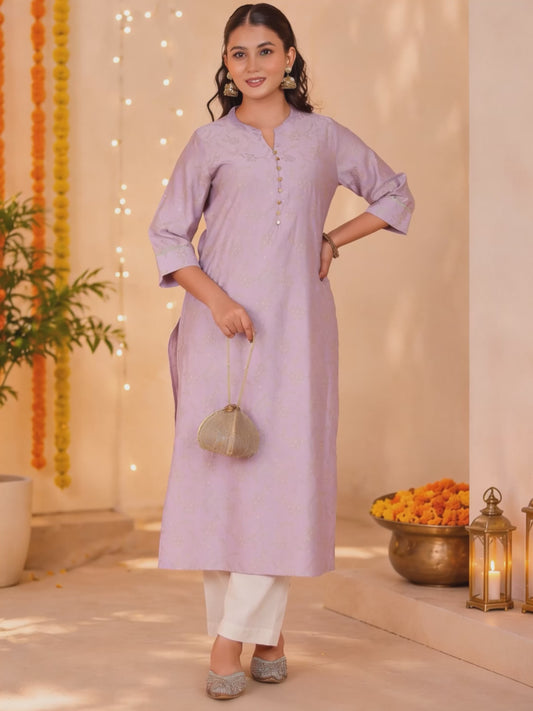 Blended Silk Jaal Straight Lavender Kurta