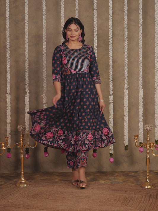 Embroidered Soft Cotton Floral Anarkali Navy Blue Kurta