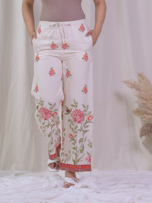 Linen Cotton Placement Print Off White Palazzo