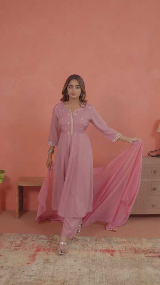 Embroidered Blended Silk Solid Anarkali Peach Kurta