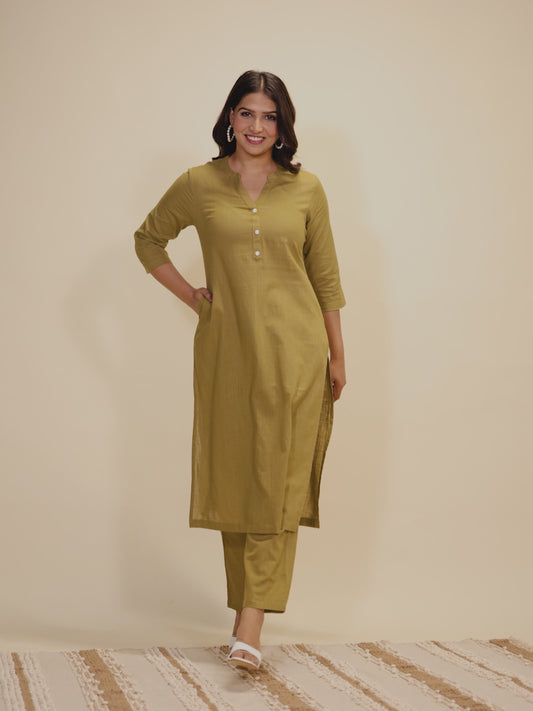 Natural Cotton Solid Straight Green Kurta