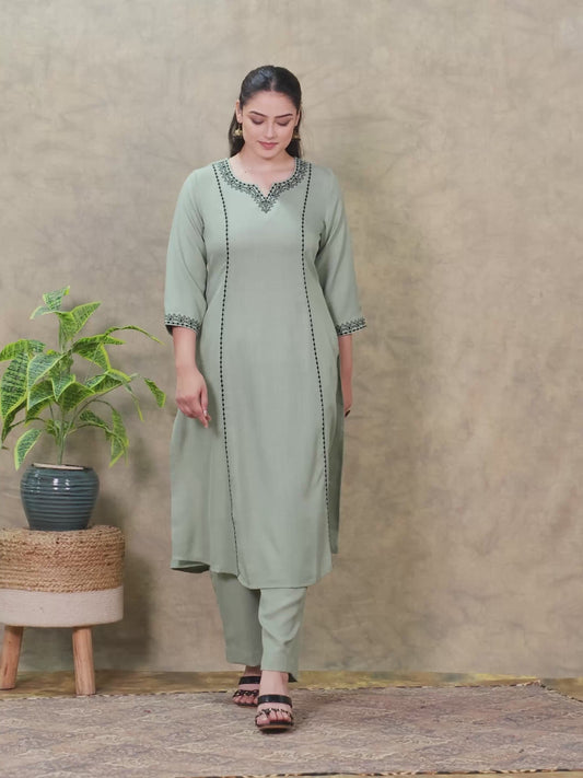 Embroidered Poly Blend Solid A-line Mint Green Kurta